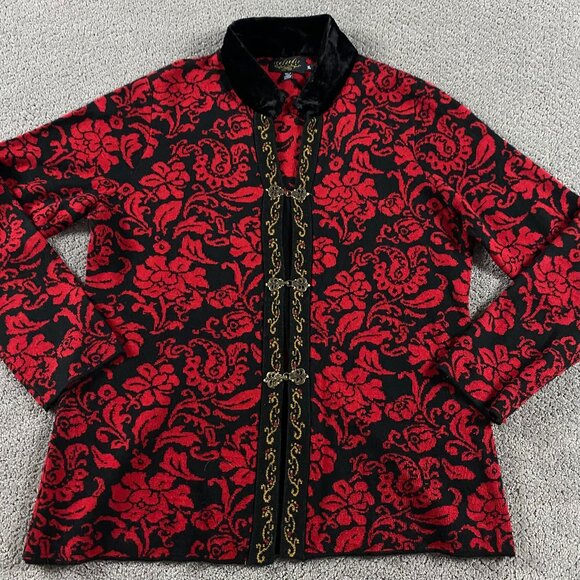 Icelandic Design Cardigan Sweater Women's XL Red Black Floral Metal Clasps Wool - Picture 1 of 10